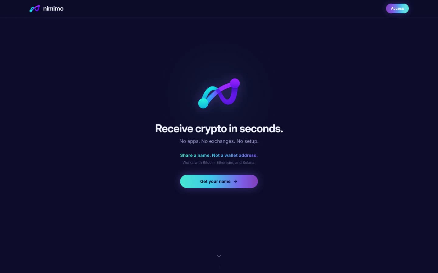 nimimo, Receive crypto in seconds: desktop view