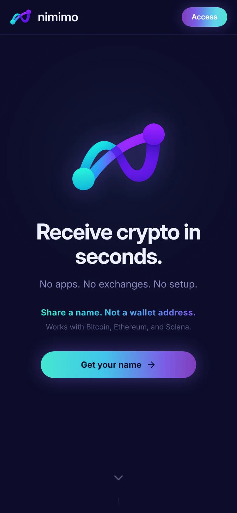 nimimo, Receive crypto in seconds: phone view