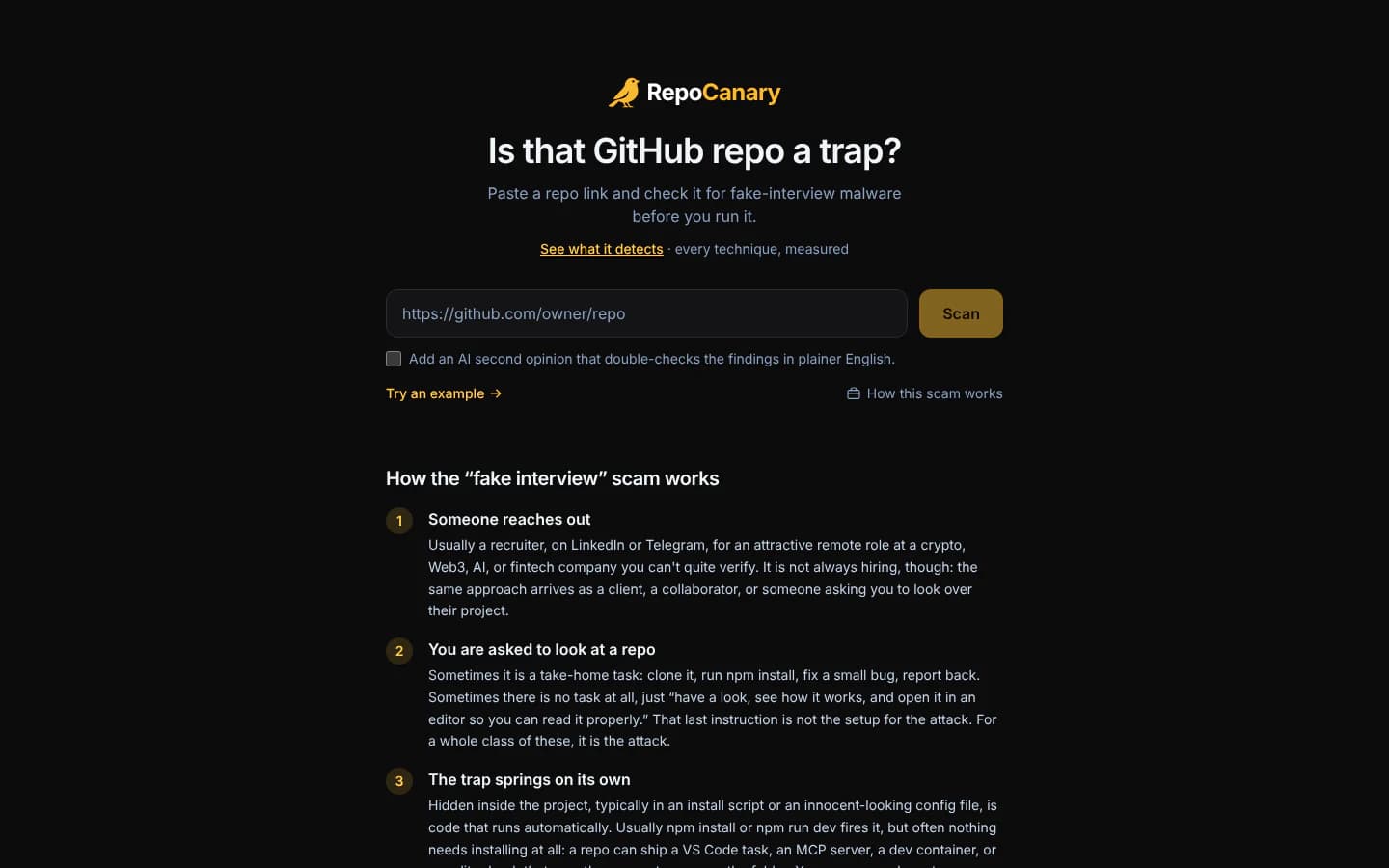 RepoCanary, Paste a link: desktop view