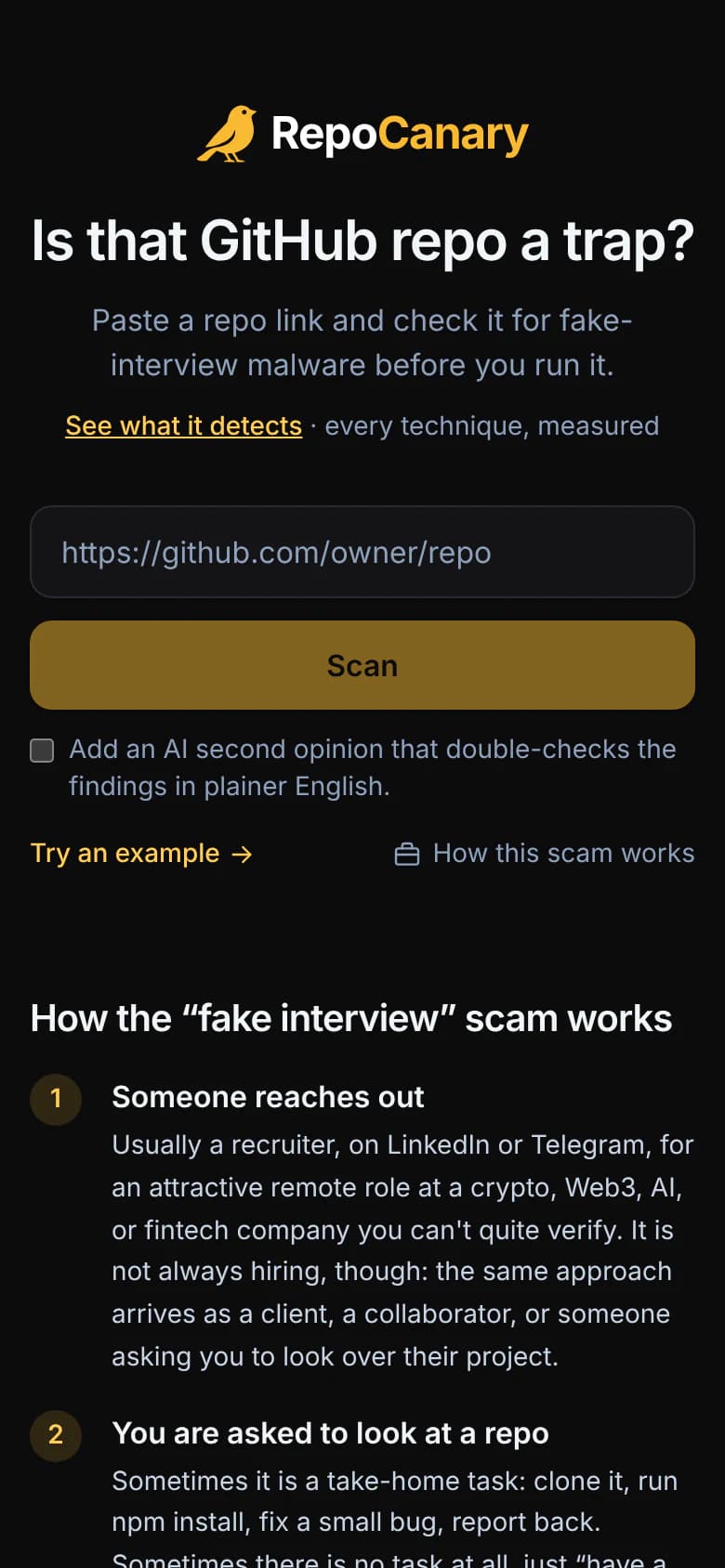 RepoCanary, Paste a link: phone view