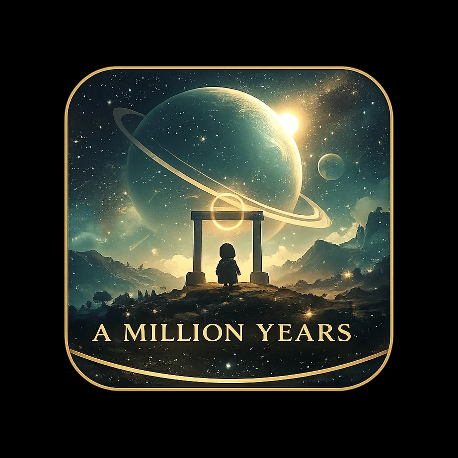 A Million Years logo, a project by Chris Zemmel: a framed tile showing a ringed planet over a ruined arch, on black