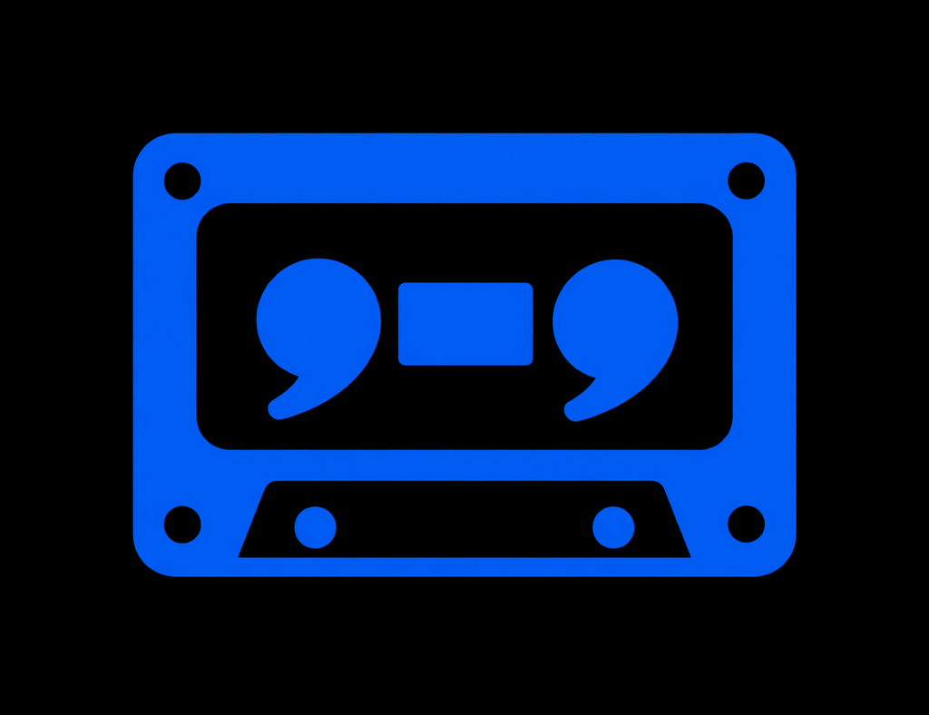 looptape logo, a project by Chris Zemmel: a cassette whose reels are a pair of quotation marks, on black