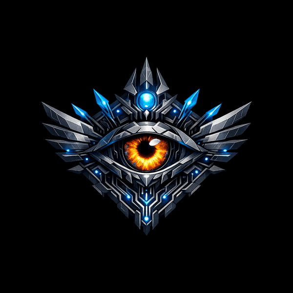 Panoptes logo, a project by Chris Zemmel: an orange eye in a silver, armoured crest, on black
