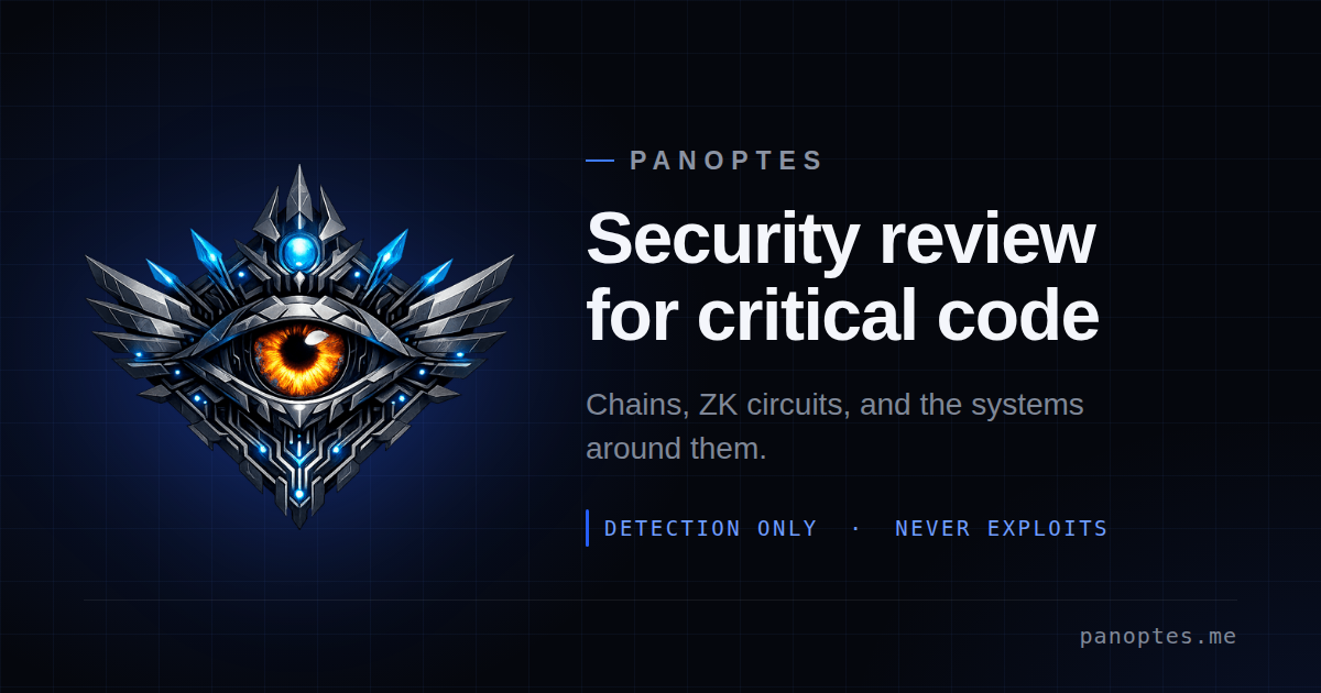 Panoptes: security review for critical code, detection only, never exploits. Social card as published on panoptes.me